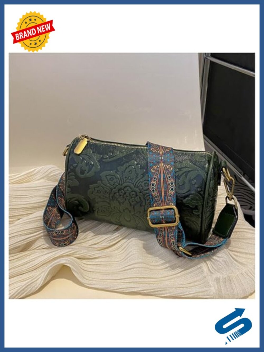 Vintage Floral Embossed Faux Leather Crossbody Handbag Adjustable Strap - Picture 3 of 6